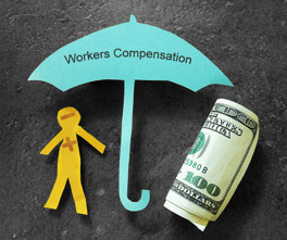 Paper cut out of man and $100 bill under workers compensation umbrella