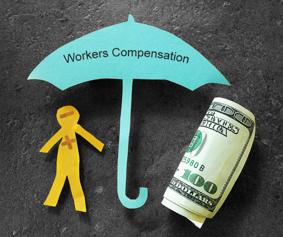 Paper cutout of man and $100 bill under workers compensation umbrella