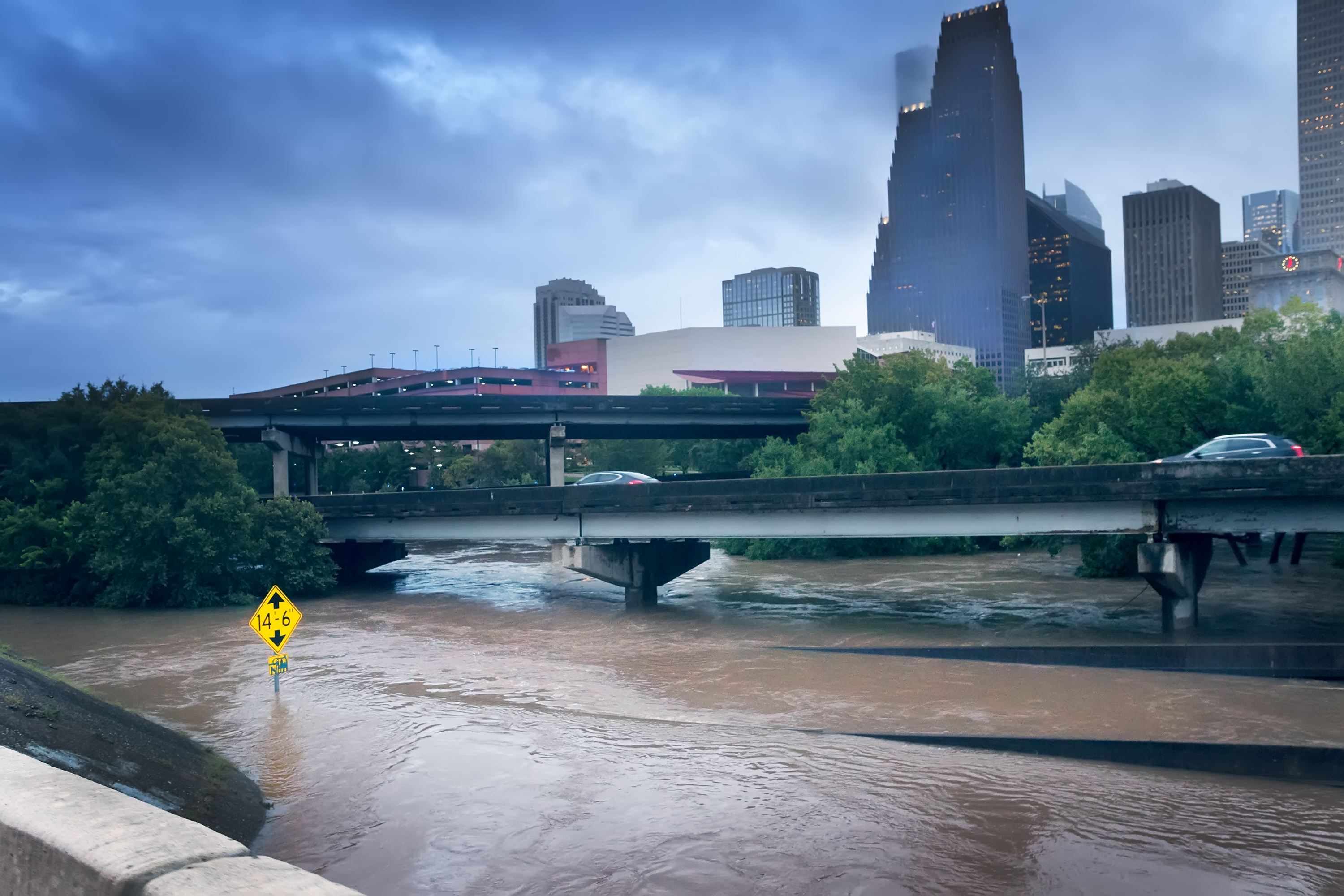 Flooded city roads in Houston, Texas from tropical storm
