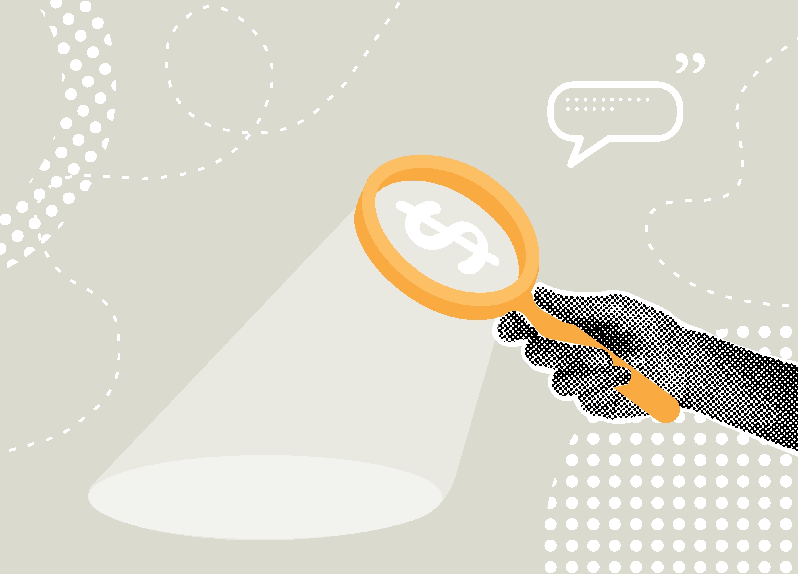 Halftone collage of hand searching for financial opportunities illustration